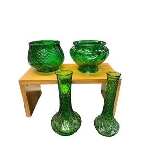 Vintage Emerald Green Glass Set 4pc Bud Vases Swirl Footed Bowl Scalloped